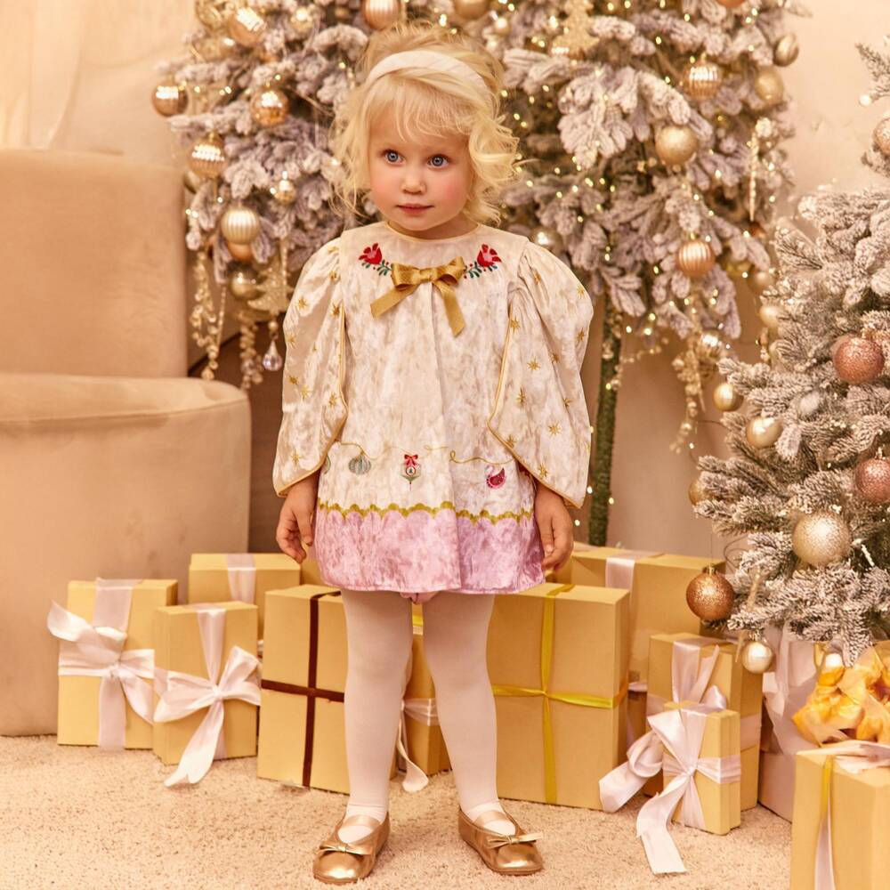 EIRENE-Baby Girls Ivory Velour Festive Print Dress | Childrensalon Outlet