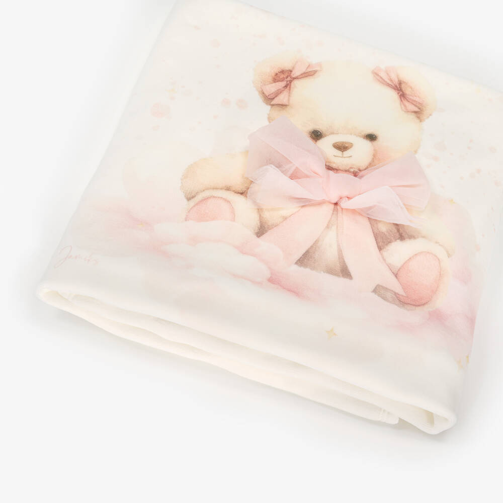 Jamiks-Baby Girls Ivory Velour Teddy Bear Blanket (85cm) | Childrensalon Outlet