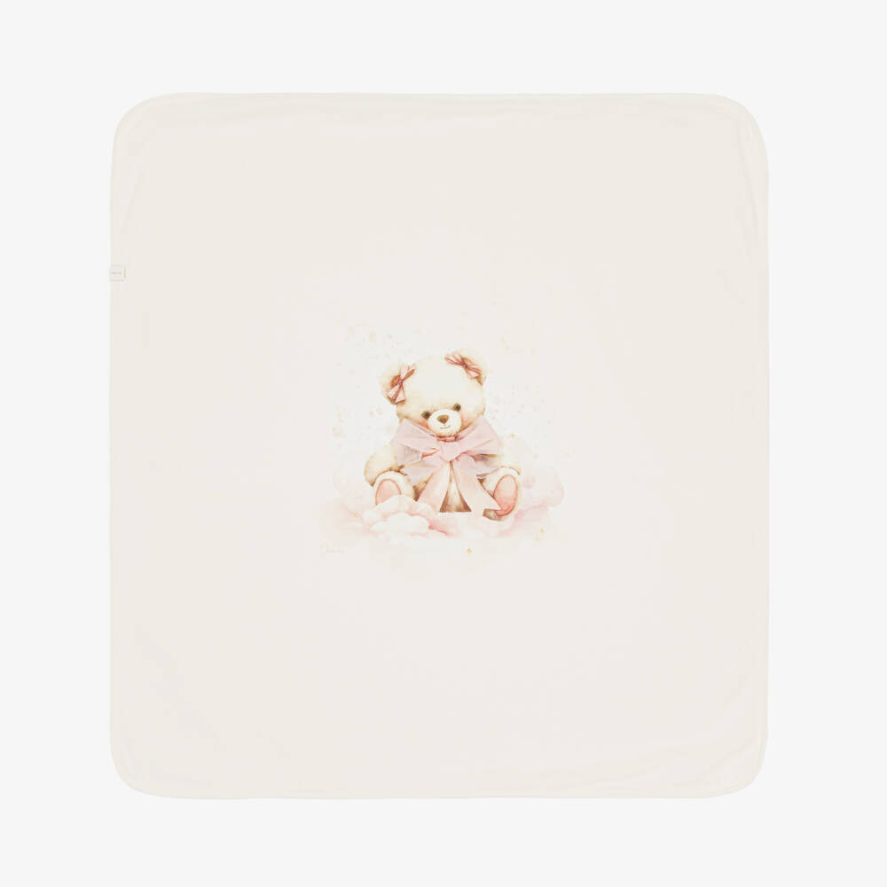 Jamiks-Baby Girls Ivory Velour Teddy Bear Blanket (85cm) | Childrensalon Outlet