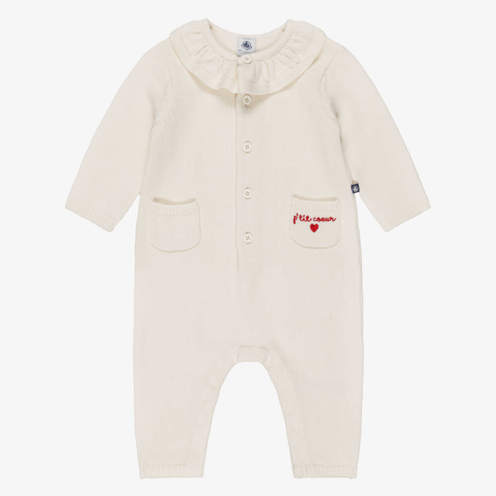 Petit Bateau-Baby Girls Ivory Wool & Cotton Knit Romper | Childrensalon Outlet