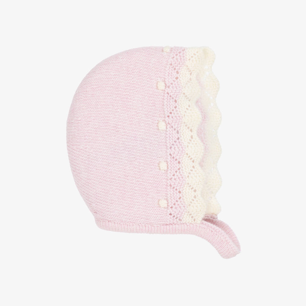 Dr. Kid-Baby Girls Knitted Pink Bonnet with Ivory Trim | Childrensalon Outlet