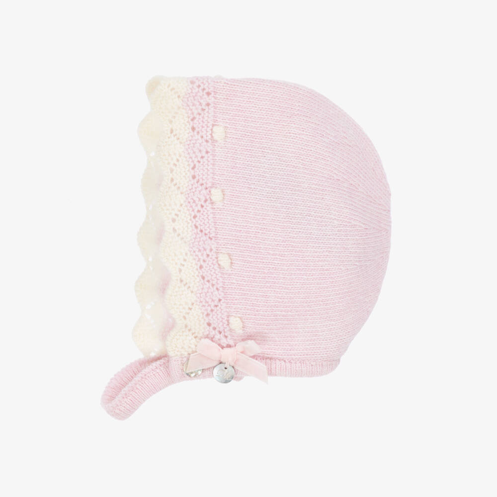Dr. Kid-Baby Girls Knitted Pink Bonnet with Ivory Trim | Childrensalon Outlet