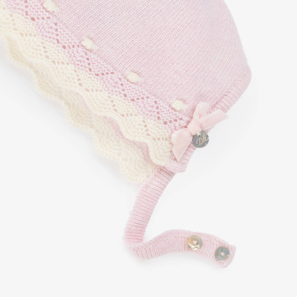 Dr. Kid-Baby Girls Knitted Pink Bonnet with Ivory Trim | Childrensalon Outlet
