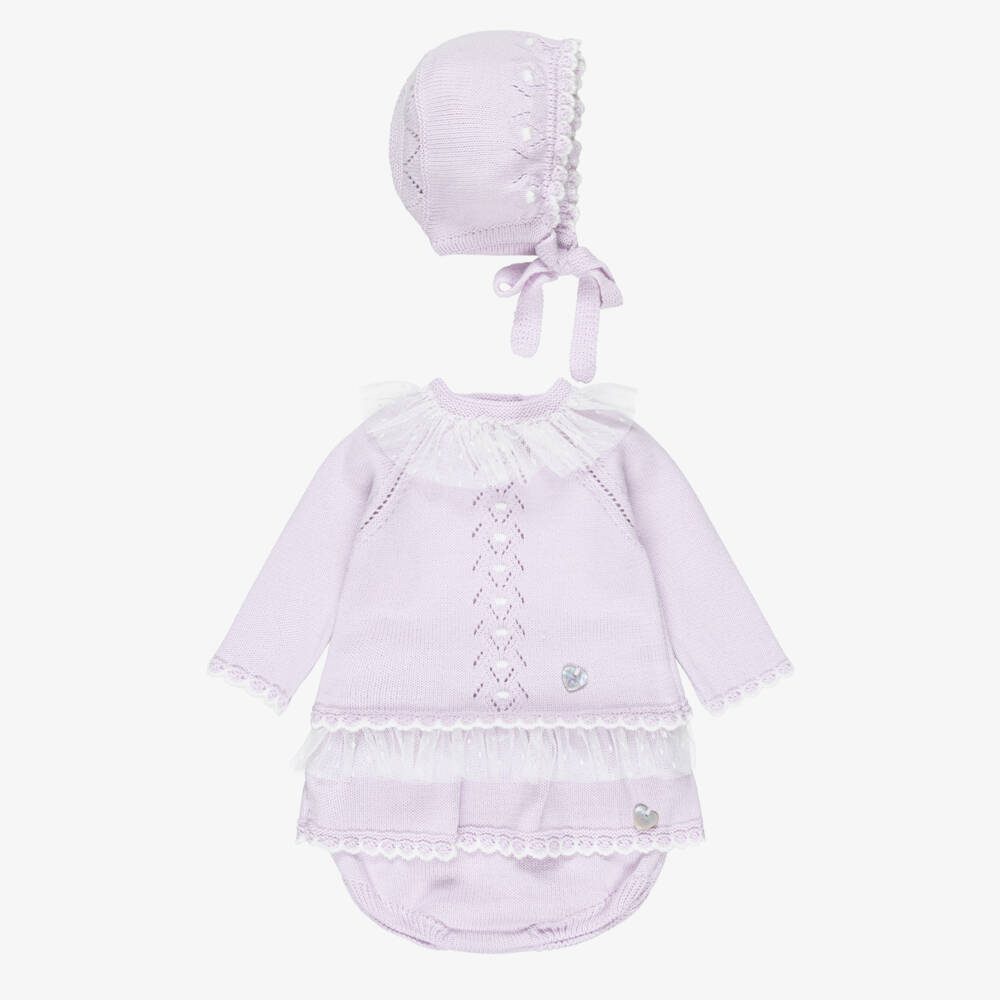 Artesanía Granlei-Baby Girls Lilac Knitted Shorts Set with Bonnet | Childrensalon Outlet