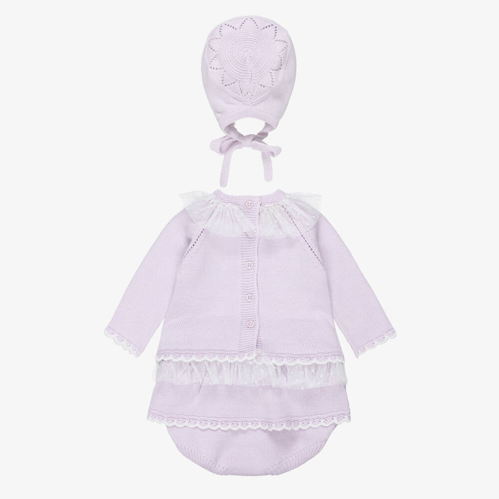 Artesanía Granlei-Baby Girls Lilac Knitted Shorts Set with Bonnet | Childrensalon Outlet