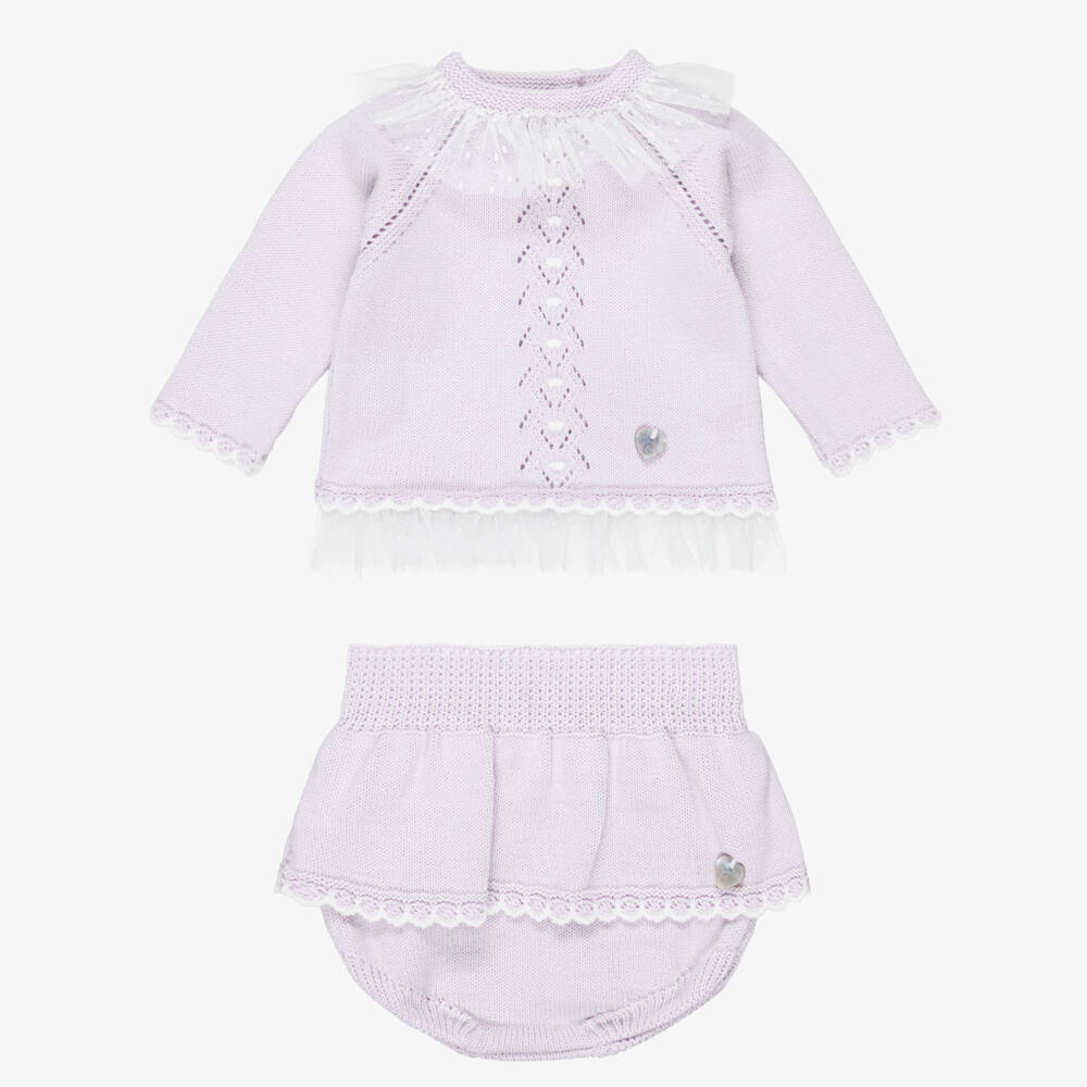 Artesanía Granlei-Baby Girls Lilac Knitted Shorts Set with Bonnet | Childrensalon Outlet