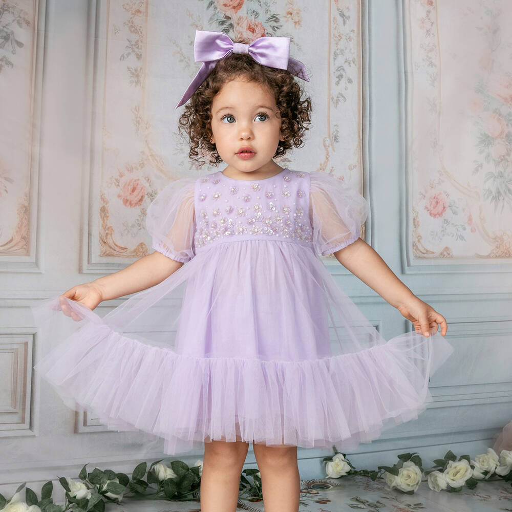 Tutu du Monde-Baby Girls Lilac Purple Tulle Dress with Sequinned Flowers | Childrensalon Outlet