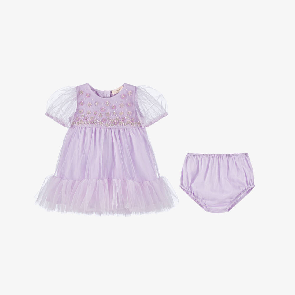 Tutu du Monde-Baby Girls Lilac Purple Tulle Dress with Sequinned Flowers | Childrensalon Outlet