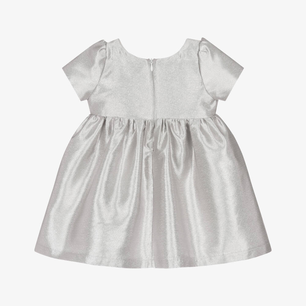 Mama Luma-Baby Girls Metallic Silver Satin Dress with Rose Appliqué | Childrensalon Outlet