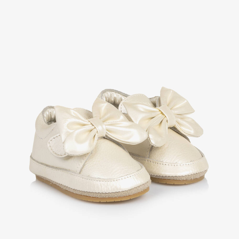 Donsje-Baby Girls Metallic White Leather Velcro Trainers with Bow | Childrensalon Outlet