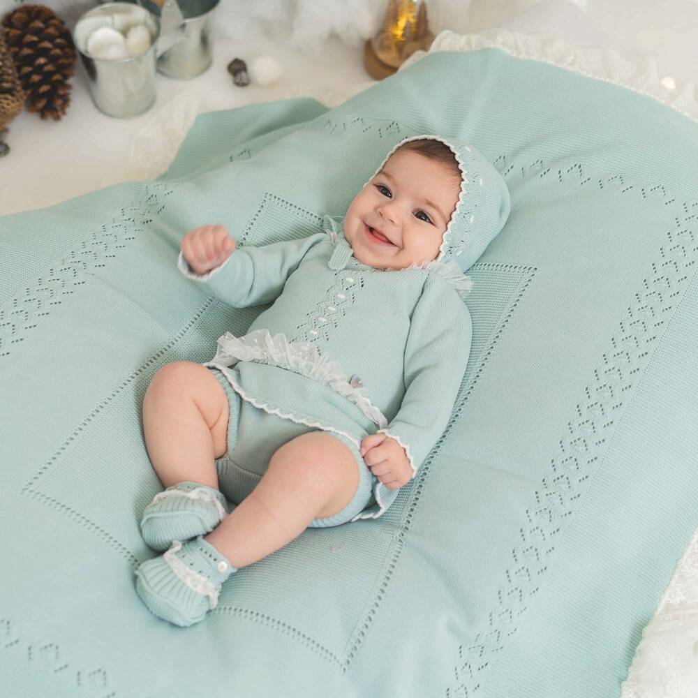 Artesanía Granlei-Baby Girls Mint Green Knitted Shorts Set with Ruffles | Childrensalon Outlet