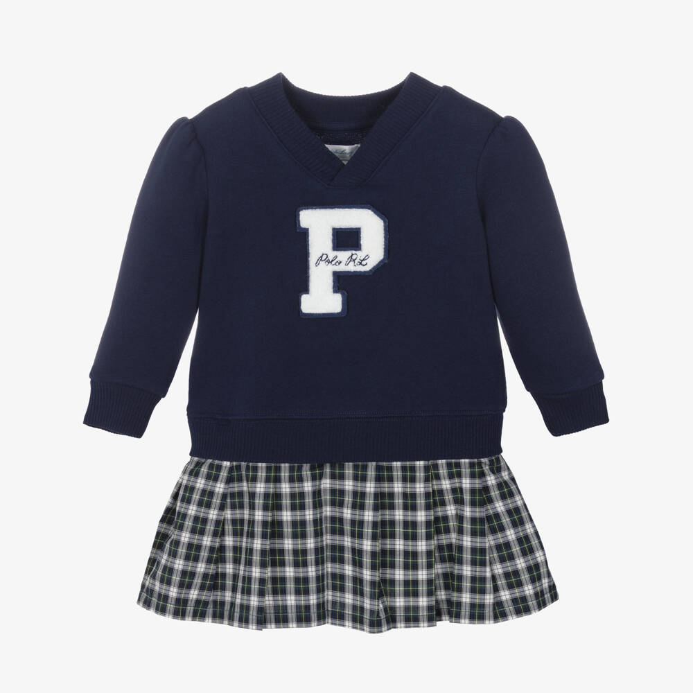 Ralph Lauren-Baby Girls Navy Blue & Pleated Check Dress | Childrensalon Outlet