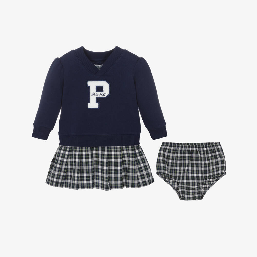 Ralph Lauren-Baby Girls Navy Blue & Pleated Check Dress | Childrensalon Outlet
