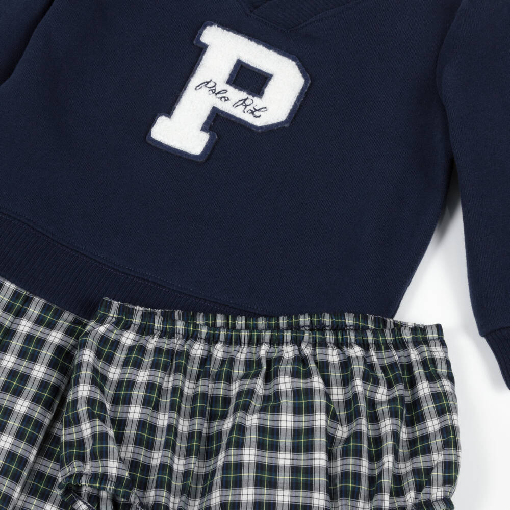 Ralph Lauren-Baby Girls Navy Blue & Pleated Check Dress | Childrensalon Outlet
