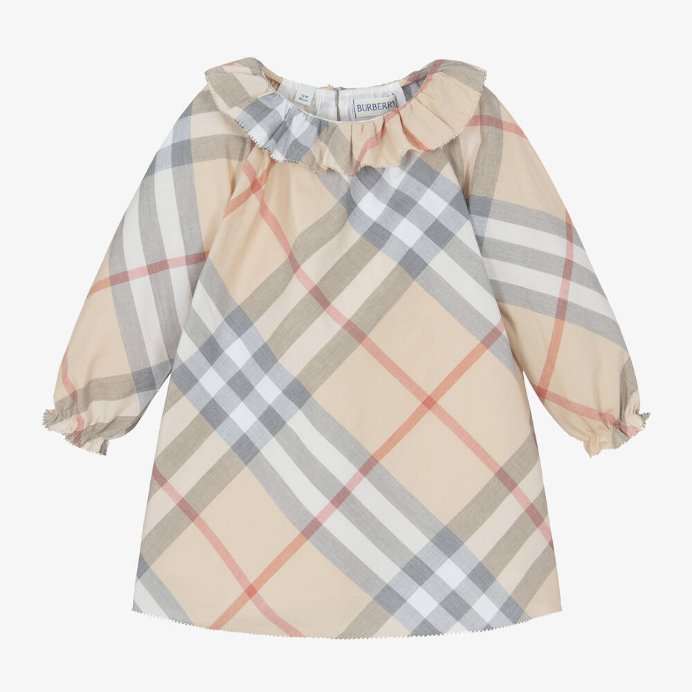 Burberry-Baby Girls Pale Beige Check Cotton Dress | Childrensalon Outlet