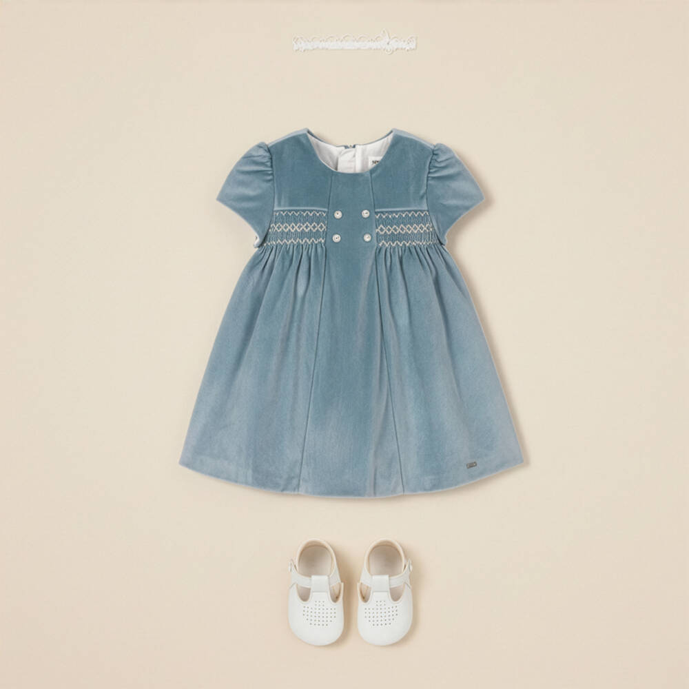 Mayoral Newborn-Baby Girls Pale Blue Smocked Velvet Dress | Childrensalon Outlet
