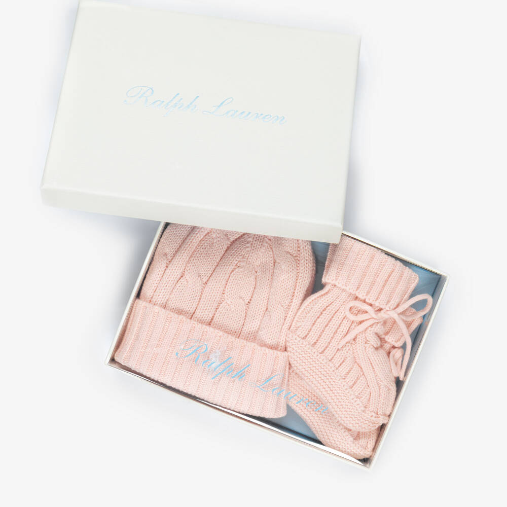 Ralph Lauren-Baby Girls Pale Pink Cotton Cable Knit Hat & Booties Set | Childrensalon Outlet