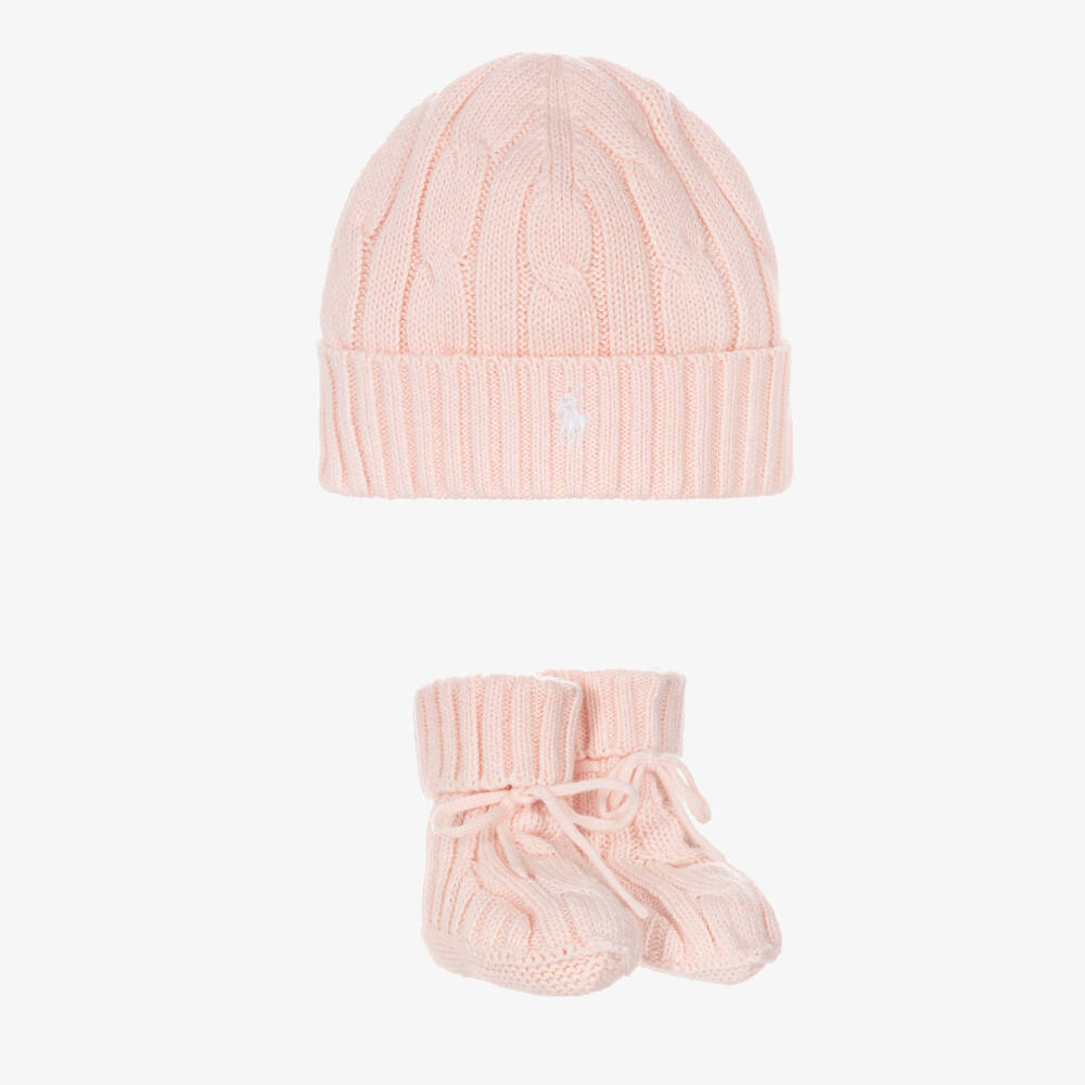Ralph Lauren-Baby Girls Pale Pink Cotton Cable Knit Hat & Booties Set | Childrensalon Outlet