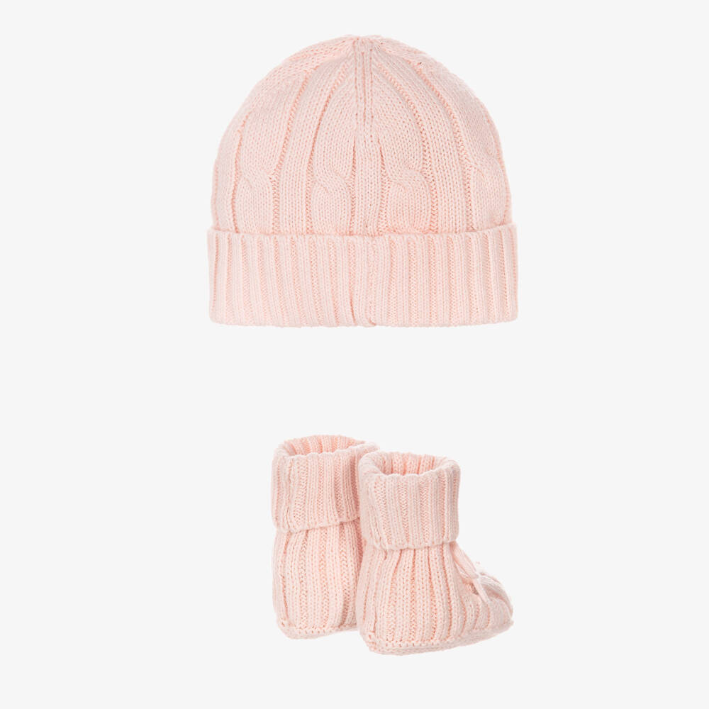 Ralph Lauren-Baby Girls Pale Pink Cotton Cable Knit Hat & Booties Set | Childrensalon Outlet