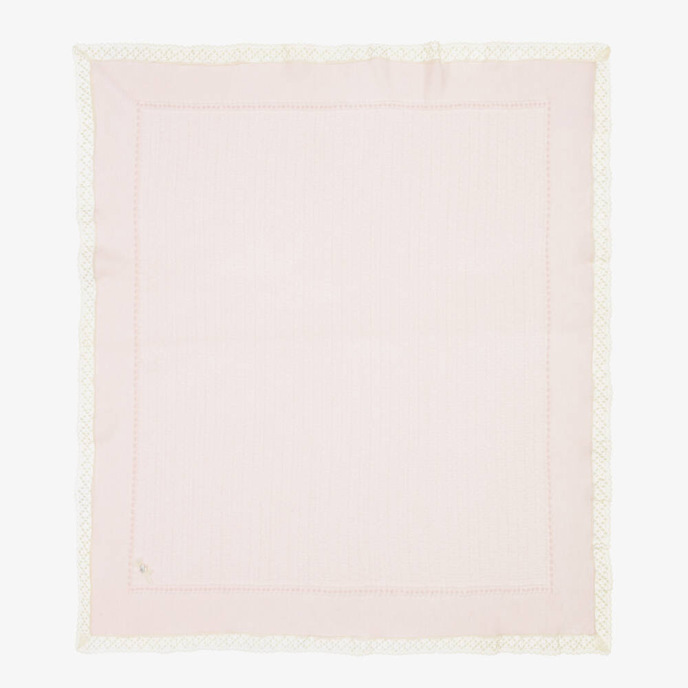 PAZ Rodríguez-Baby Girls Pale Pink Lace Trim Merino Wool Knit Shawl (108cm) | Childrensalon Outlet