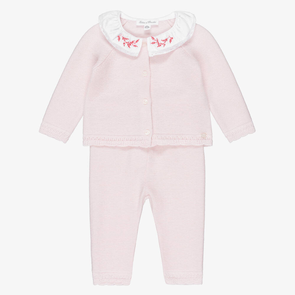 Tartine et Chocolat-Baby Girls Pale Pink Wool & Cashmere Trouser Set | Childrensalon Outlet