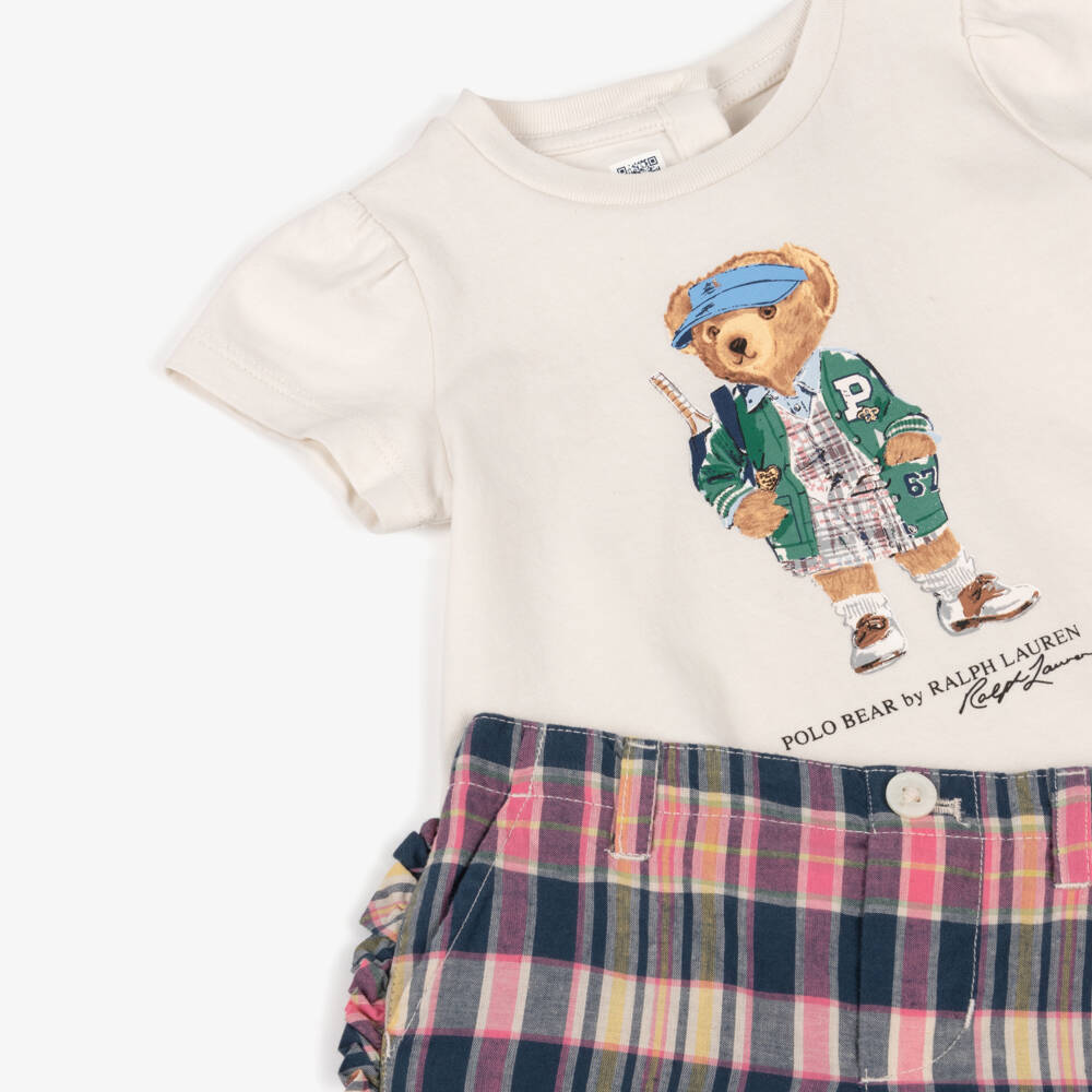 Ralph Lauren-Baby Girls Pink & Blue Tartan Cotton Polo Bear Shorts Set | Childrensalon Outlet