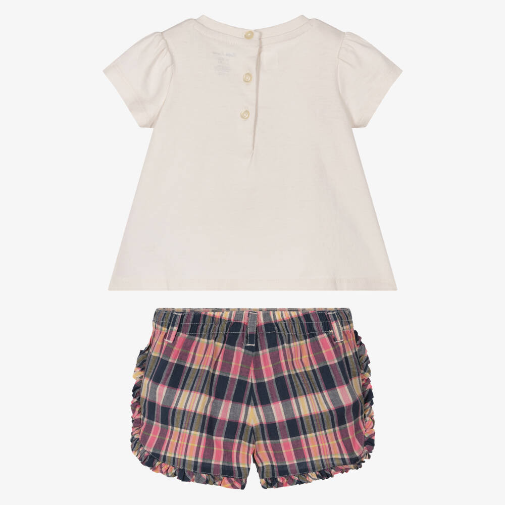 Ralph Lauren-Baby Girls Pink & Blue Tartan Cotton Polo Bear Shorts Set | Childrensalon Outlet