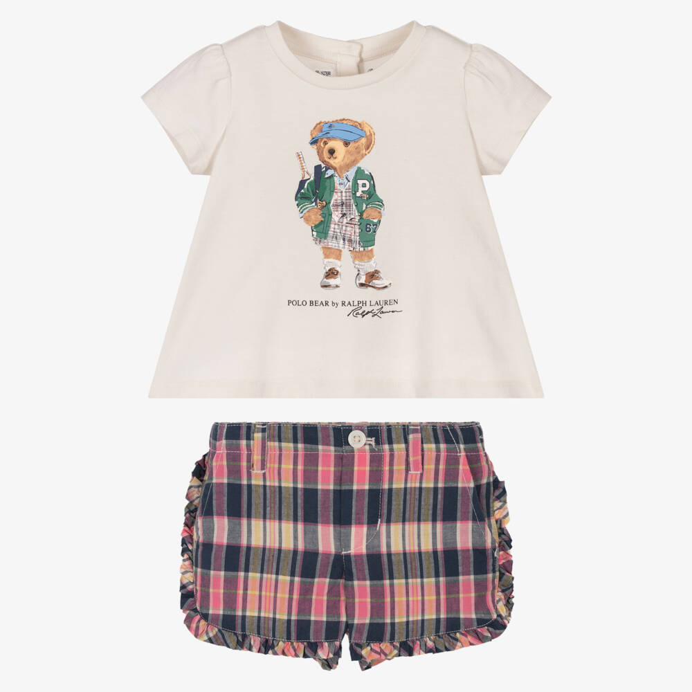 Ralph Lauren-Baby Girls Pink & Blue Tartan Cotton Polo Bear Shorts Set | Childrensalon Outlet