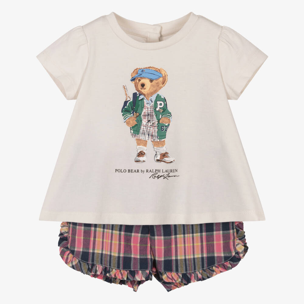Ralph Lauren-Baby Girls Pink & Blue Tartan Cotton Polo Bear Shorts Set | Childrensalon Outlet