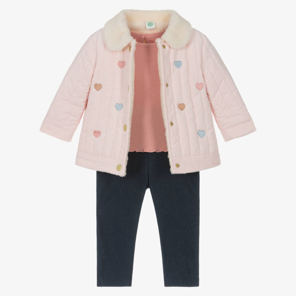 Little Me-Baby Girls Pink & Blue Trouser Set with Embroidered Hearts | Childrensalon Outlet