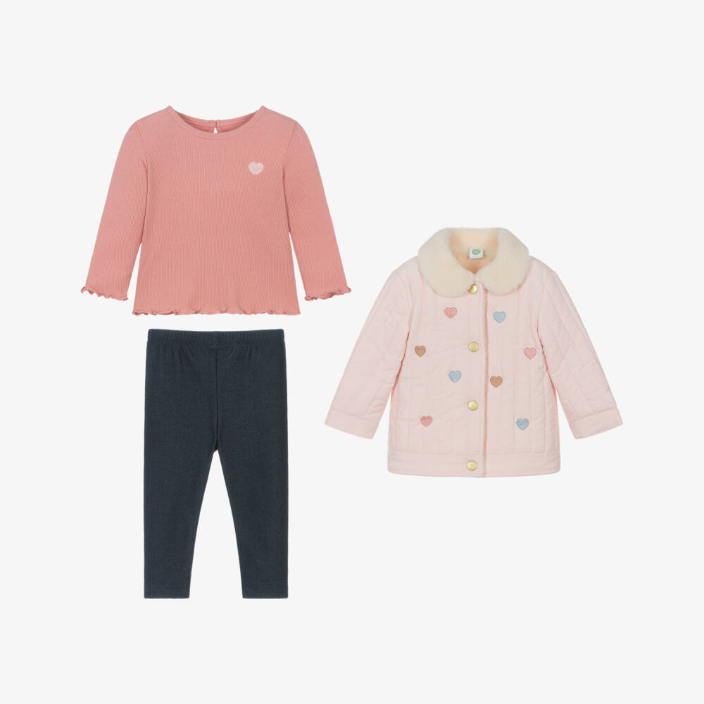 Little Me-Baby Girls Pink & Blue Trouser Set with Embroidered Hearts | Childrensalon Outlet