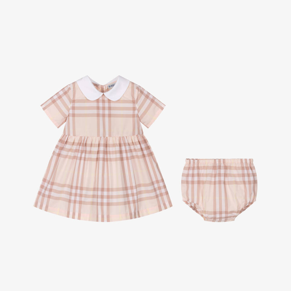 Burberry-Baby Girls Pink Check Cotton Dress with White Collar | Childrensalon Outlet