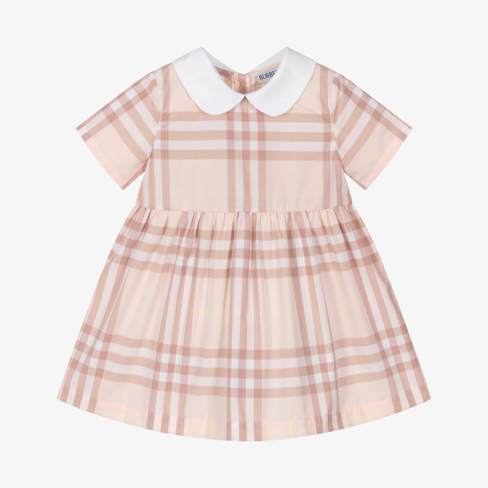 Burberry-Baby Girls Pink Check Cotton Dress with White Collar | Childrensalon Outlet