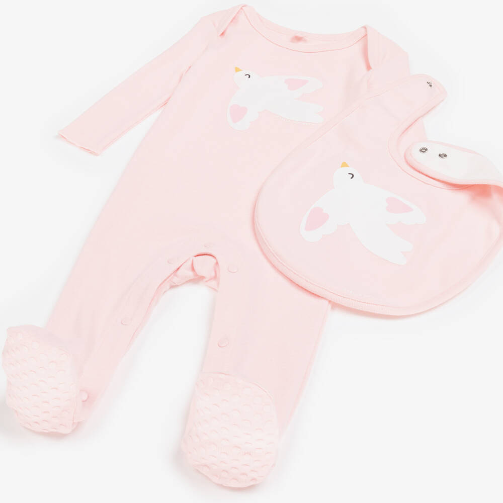 Stella McCartney Kids-Baby Girls Pink Cotton Bird Print Babygrow Set | Childrensalon Outlet