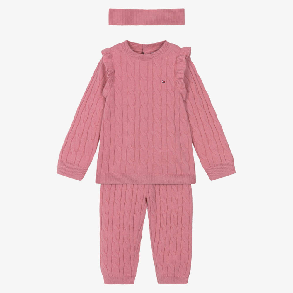 Tommy Hilfiger-Baby Girls Pink Cotton Cable Knit Trouser Set with Headband | Childrensalon Outlet