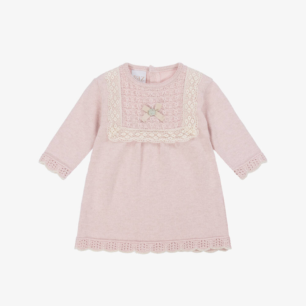 PAZ Rodríguez-Baby Girls Pink Cotton & Cashmere Knit Dress with Lace Trim | Childrensalon Outlet