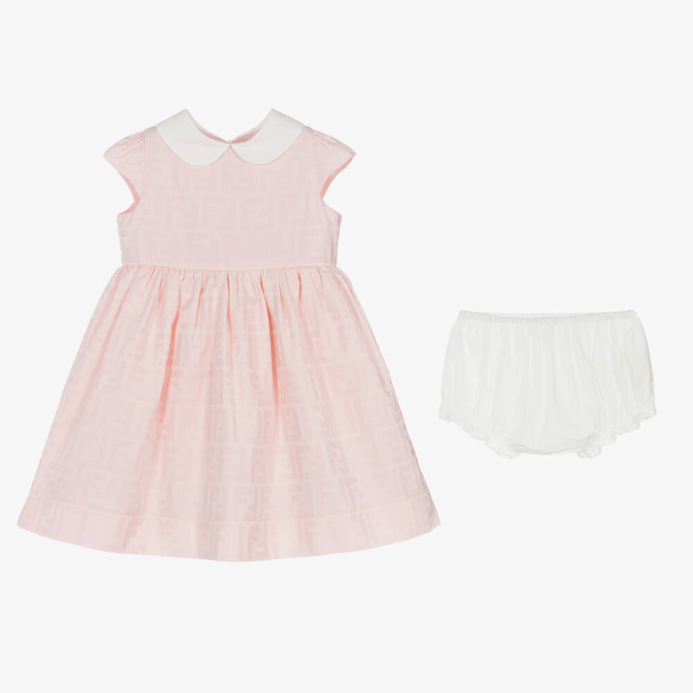 Fendi-Baby Girls Pink Cotton FF Logo Dress | Childrensalon Outlet