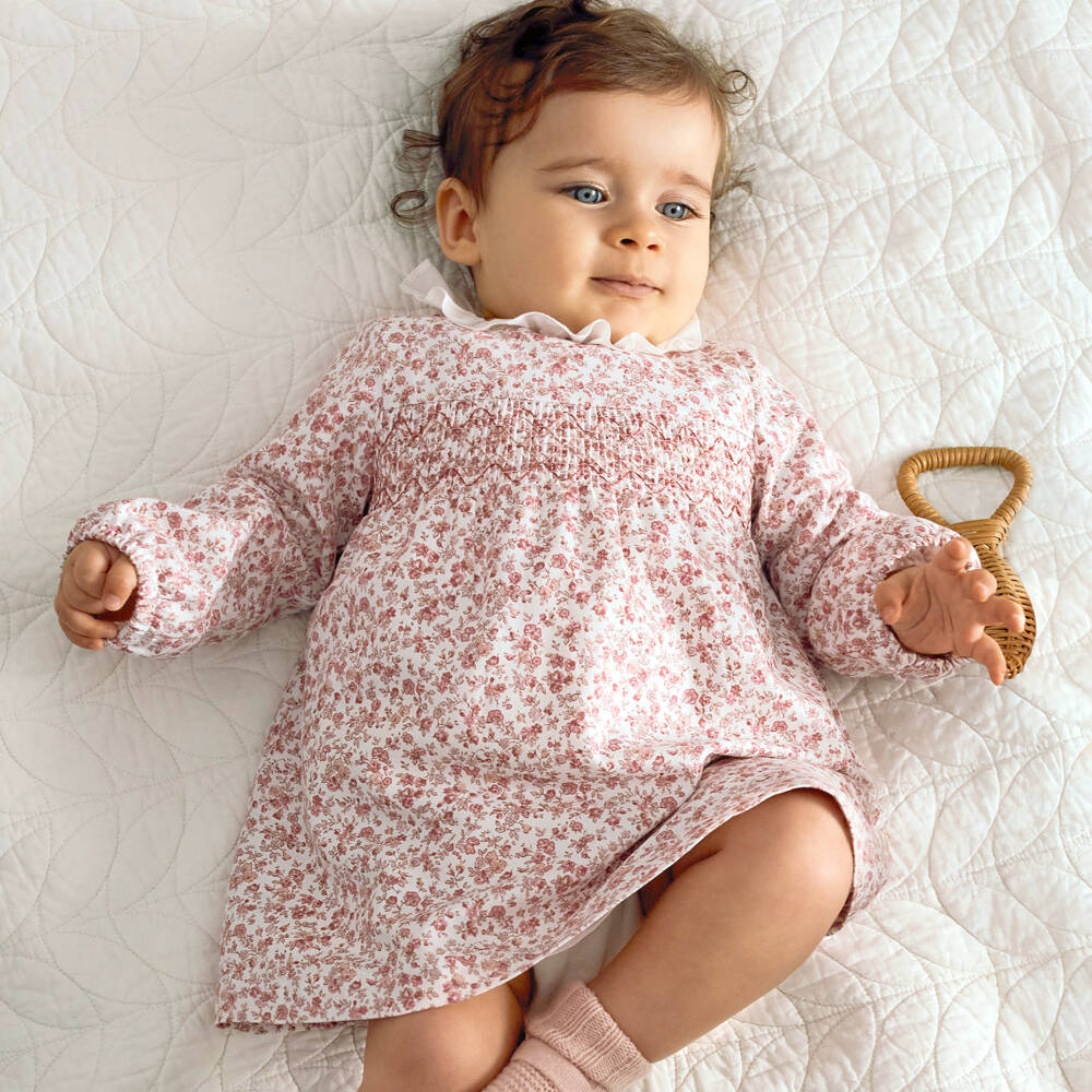 Laranjinha-Baby Girls Pink Cotton Floral Print Dress | Childrensalon Outlet