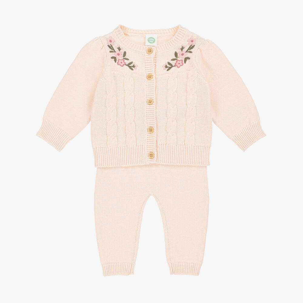 Little Me-Baby Girls Pink Cotton Knit Trouser Set with Floral Embroidery | Childrensalon Outlet