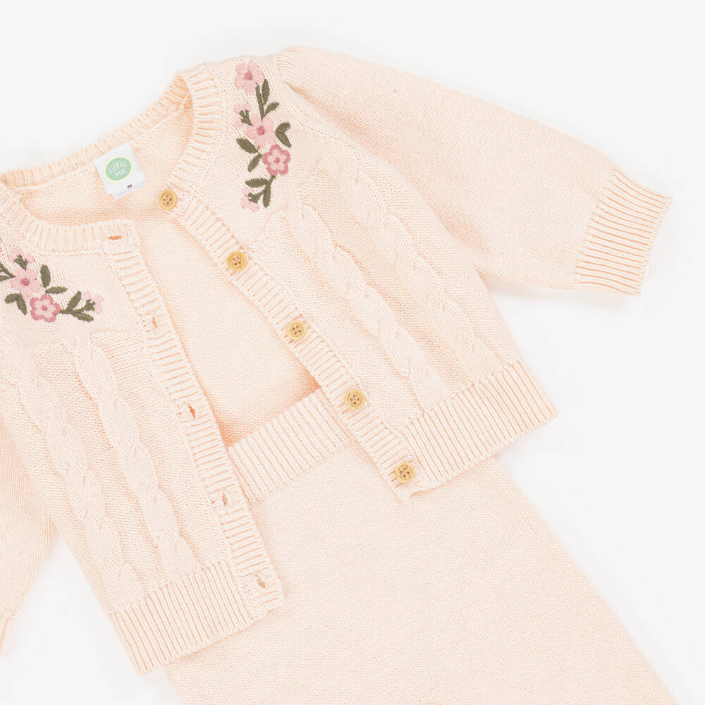 Little Me-Baby Girls Pink Cotton Knit Trouser Set with Floral Embroidery | Childrensalon Outlet