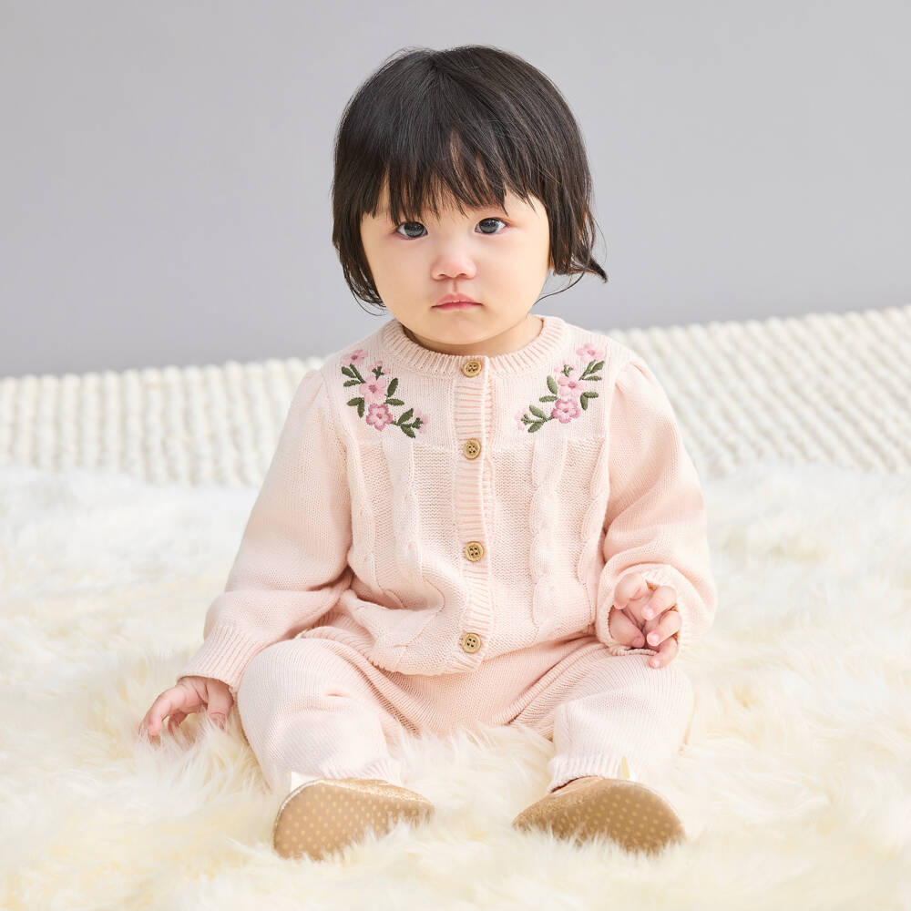 Little Me-Baby Girls Pink Cotton Knit Trouser Set with Floral Embroidery | Childrensalon Outlet