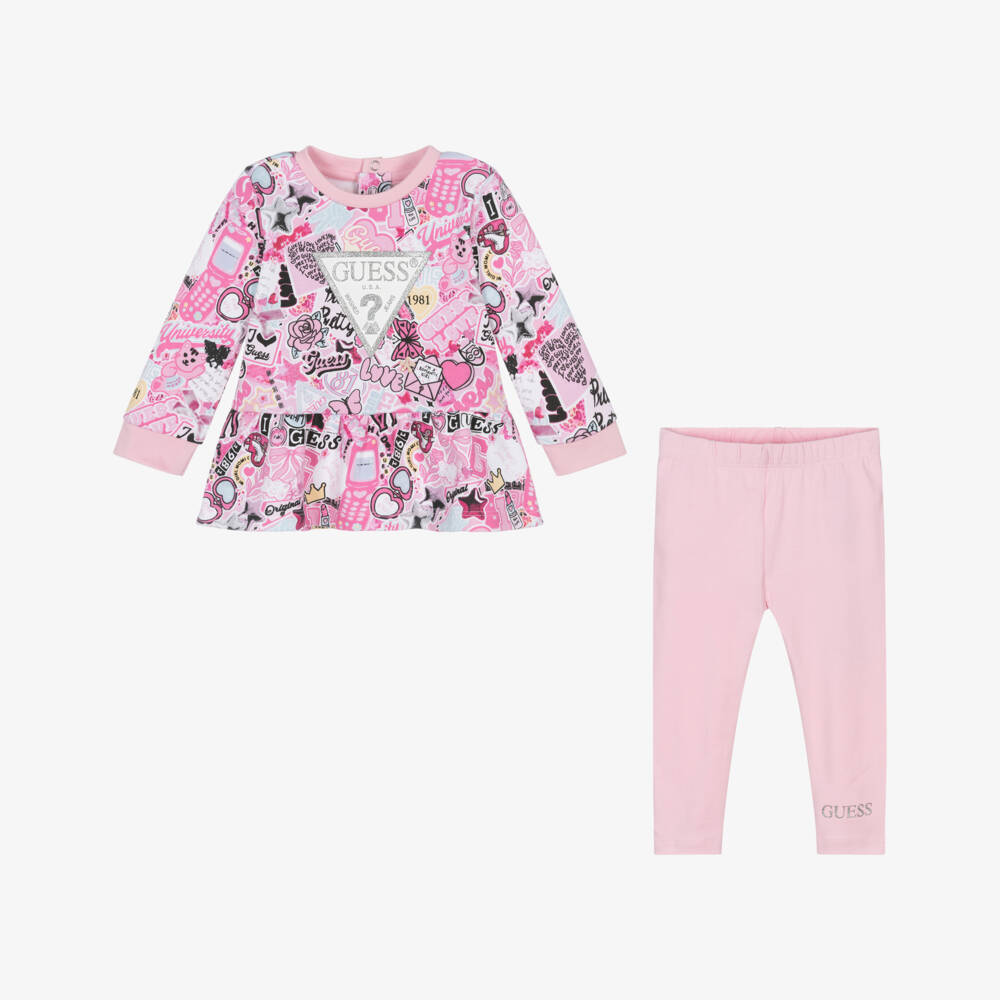 Guess-Baby Girls Pink Cotton Leggings Set with Graphic Logo Print | Childrensalon Outlet