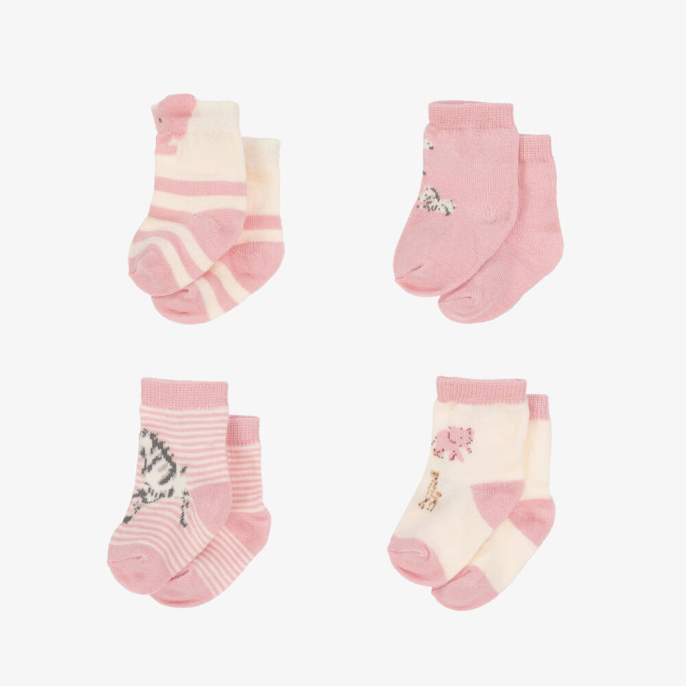 Mayoral Newborn-Baby Girls Pink Cotton Safari Animal Socks (4 Pack) | Childrensalon Outlet