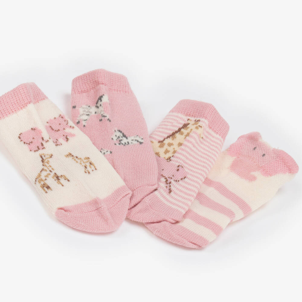 Mayoral Newborn-Baby Girls Pink Cotton Safari Animal Socks (4 Pack) | Childrensalon Outlet