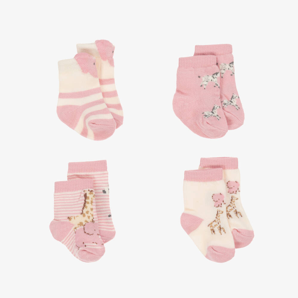 Mayoral Newborn-Baby Girls Pink Cotton Safari Animal Socks (4 Pack) | Childrensalon Outlet