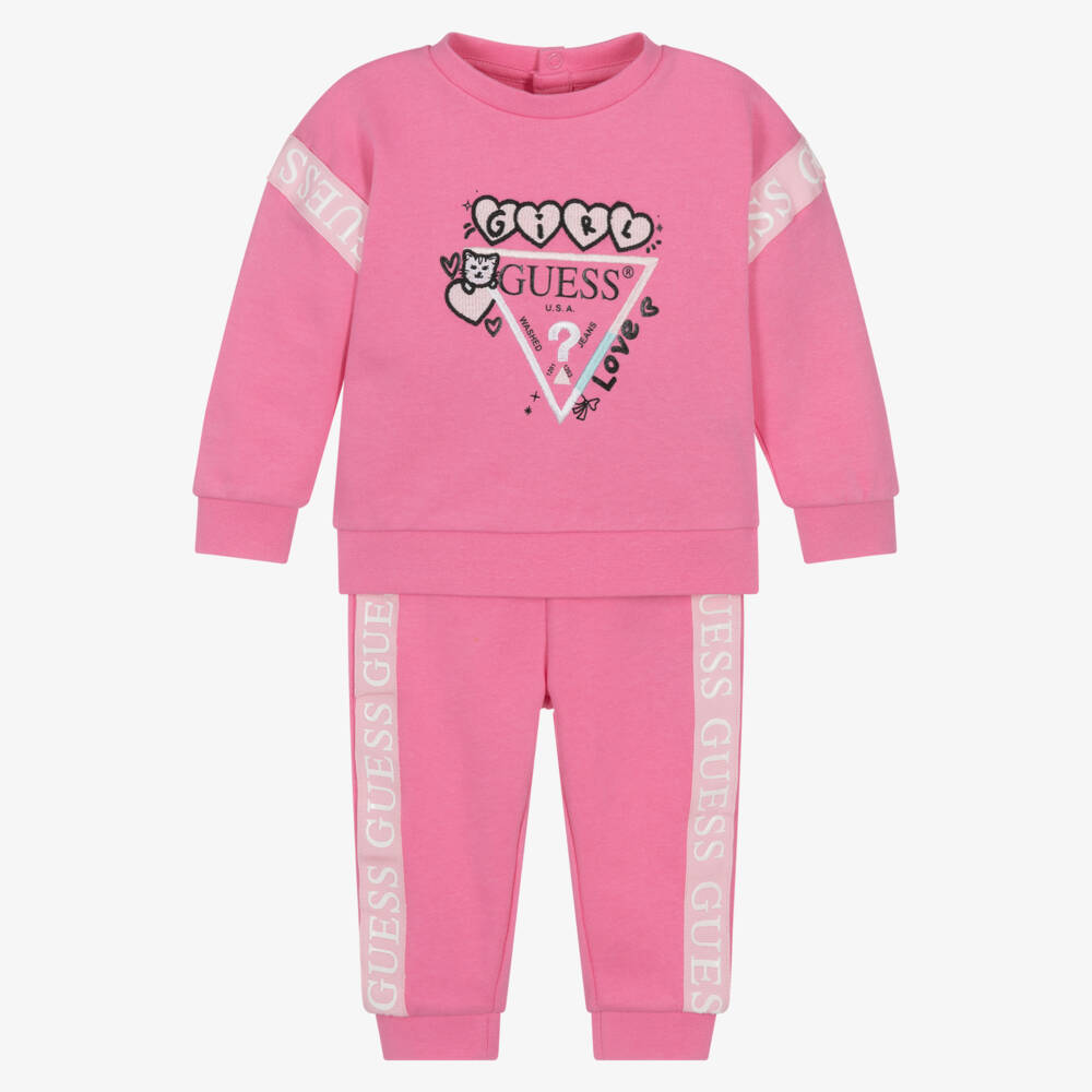 Guess-Baby Girls Pink Cotton Tracksuit with Logo Tape Trims | Childrensalon Outlet