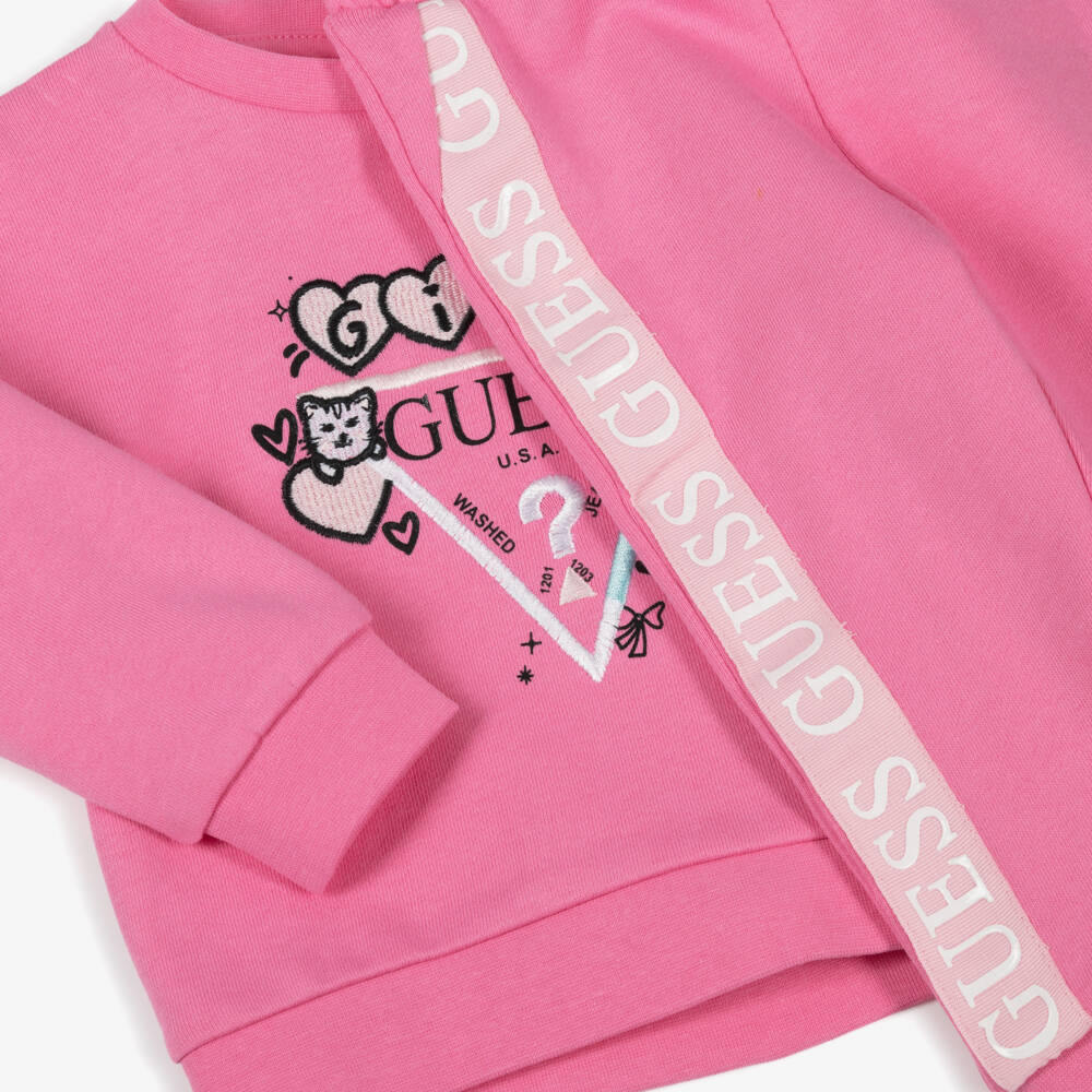 Guess-Baby Girls Pink Cotton Tracksuit with Logo Tape Trims | Childrensalon Outlet