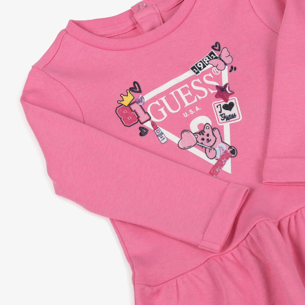 Guess-Baby Girls Pink Cotton Triangle Logo Dress | Childrensalon Outlet