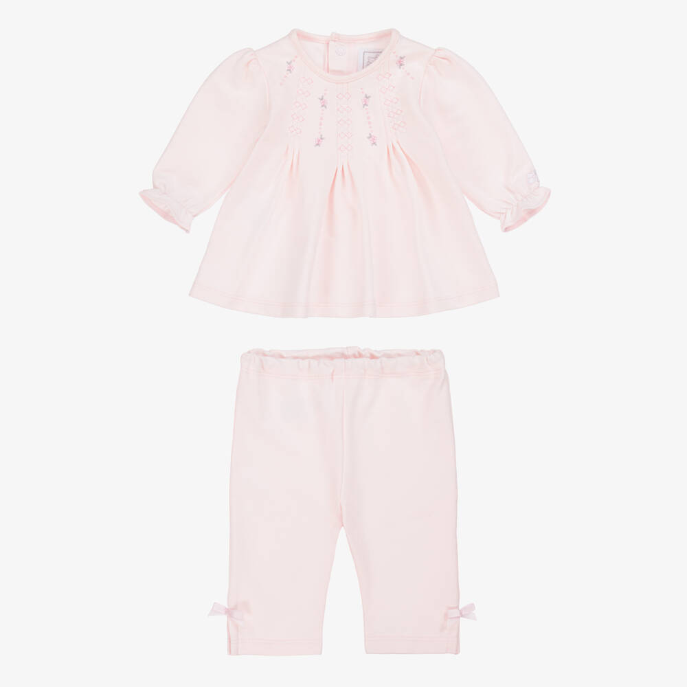 Emile et Rose-Baby Girls Pink Cotton Trouser Set with Floral Embroidery | Childrensalon Outlet