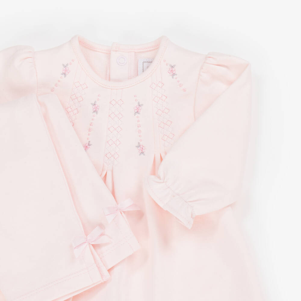 Emile et Rose-Baby Girls Pink Cotton Trouser Set with Floral Embroidery | Childrensalon Outlet
